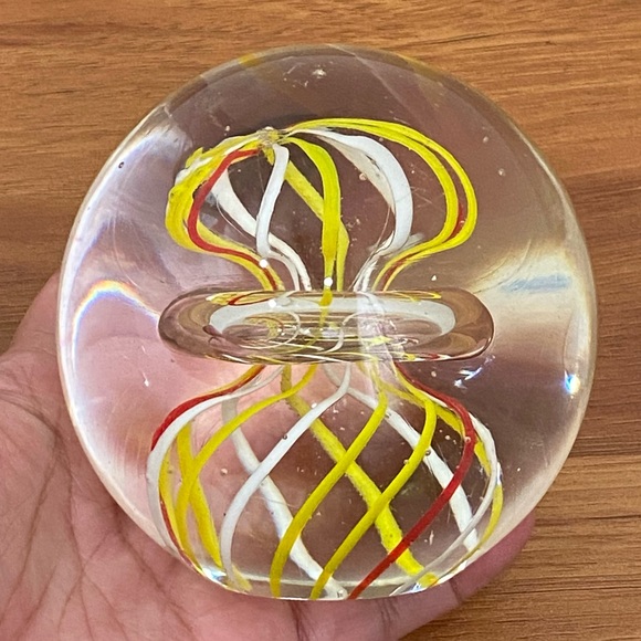 Handblown Art Glass Yellow White & Red Swirl Round Paperweight - Picture 8 of 10